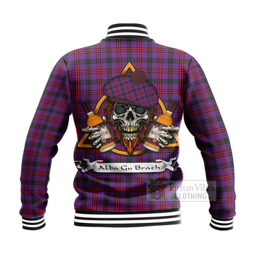 Montgomery Tartan Baseball Jacket with Family Crest and Bearded Skull Holding Bottles of Whiskey