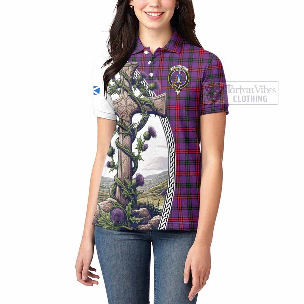 Tartan Vibes Clothing Montgomery Tartan Women's Polo Shirt with Family Crest and St. Andrew's Cross Accented by Thistle Vines