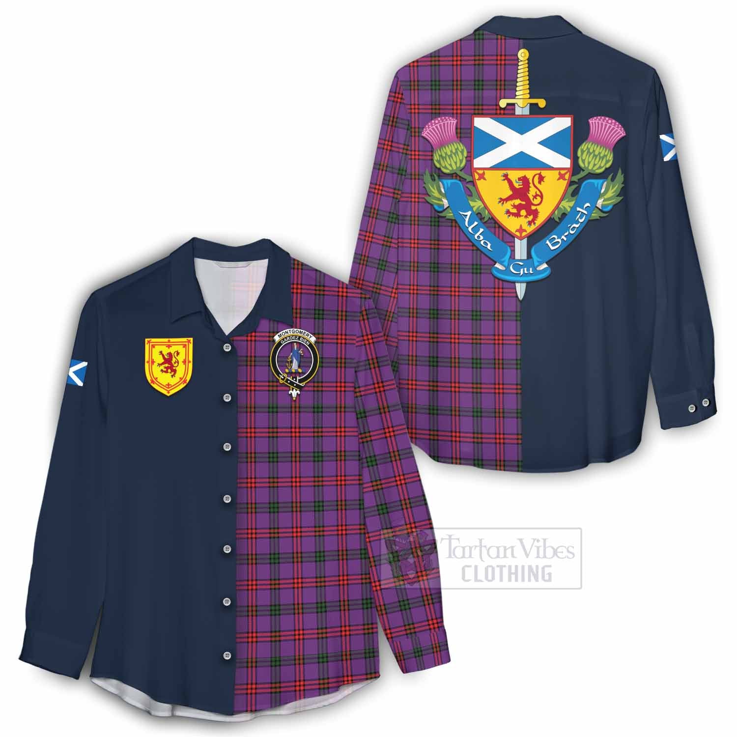 Tartan Vibes Clothing Montgomery Tartan Women's Casual Shirt Alba with Scottish Lion Royal Arm Half Style