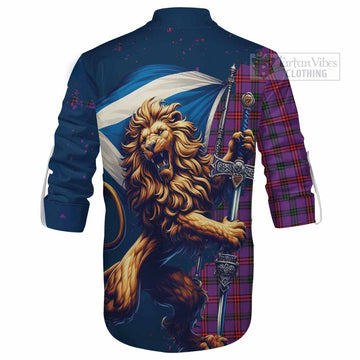 Montgomery Tartan Family Crest Ghillie Kilt Shirt with Scottish Majestic Lion