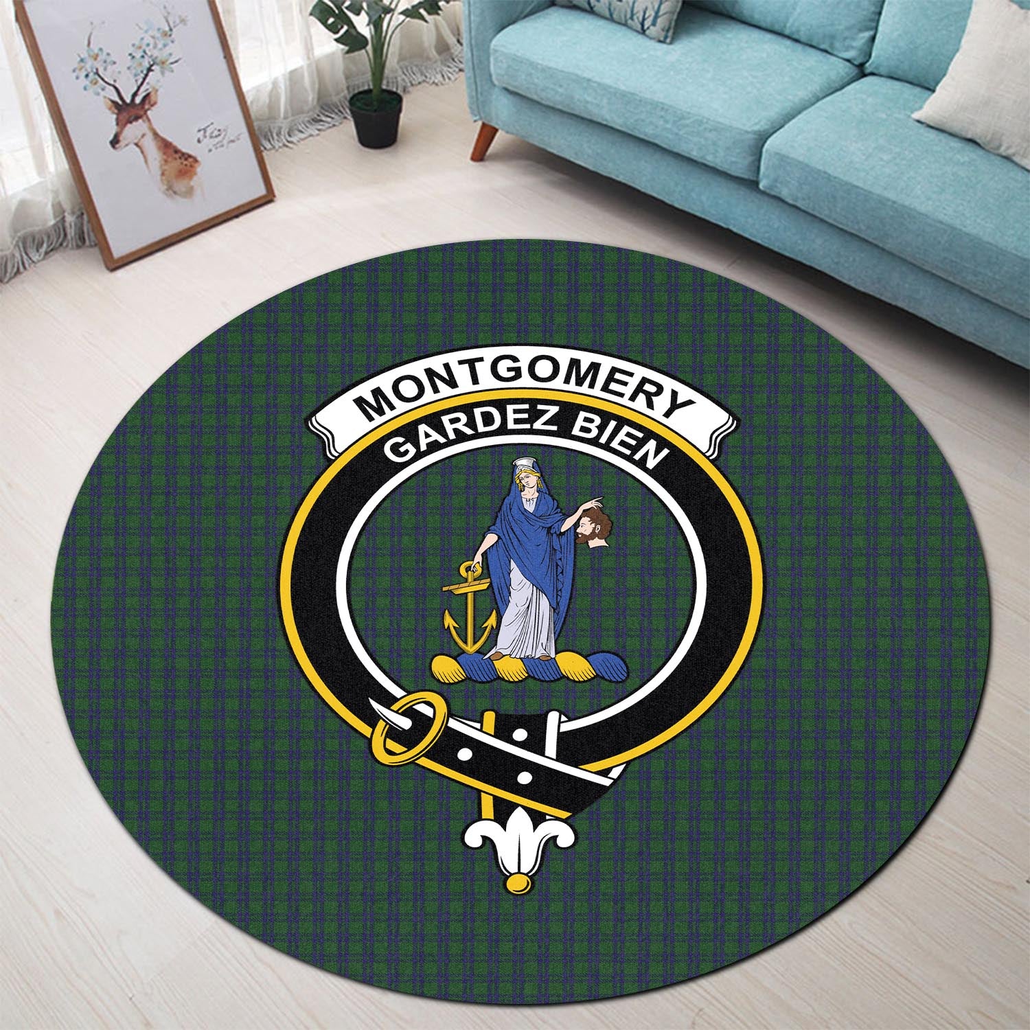 montgomery-tartan-round-rug-with-family-crest