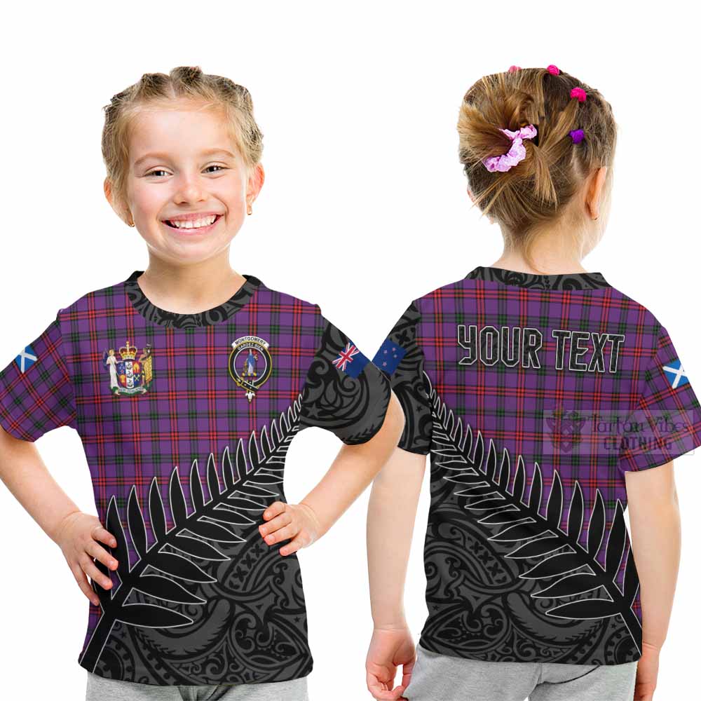 Tartan Vibes Clothing Montgomery Crest Tartan Kid T-Shirt with New Zealand Silver Fern Half Style