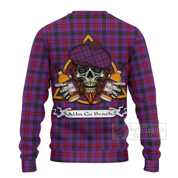 Montgomery Tartan Ugly Sweater with Family Crest and Bearded Skull Holding Bottles of Whiskey