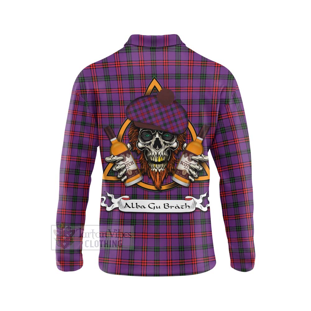 Tartan Vibes Clothing Montgomery Tartan Long Sleeve Polo Shirt with Family Crest and Bearded Skull Holding Bottles of Whiskey