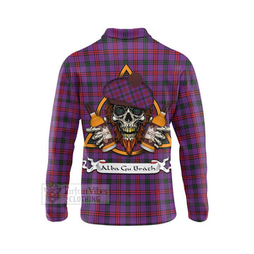 Montgomery Tartan Long Sleeve Polo Shirt with Family Crest and Bearded Skull Holding Bottles of Whiskey