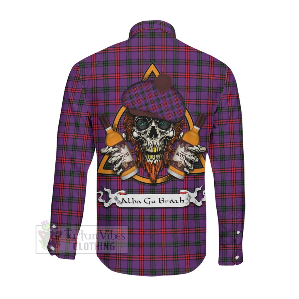 Tartan Vibes Clothing Montgomery Tartan Long Sleeve Button Shirt with Family Crest and Bearded Skull Holding Bottles of Whiskey