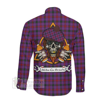 Montgomery Tartan Long Sleeve Button Shirt with Family Crest and Bearded Skull Holding Bottles of Whiskey