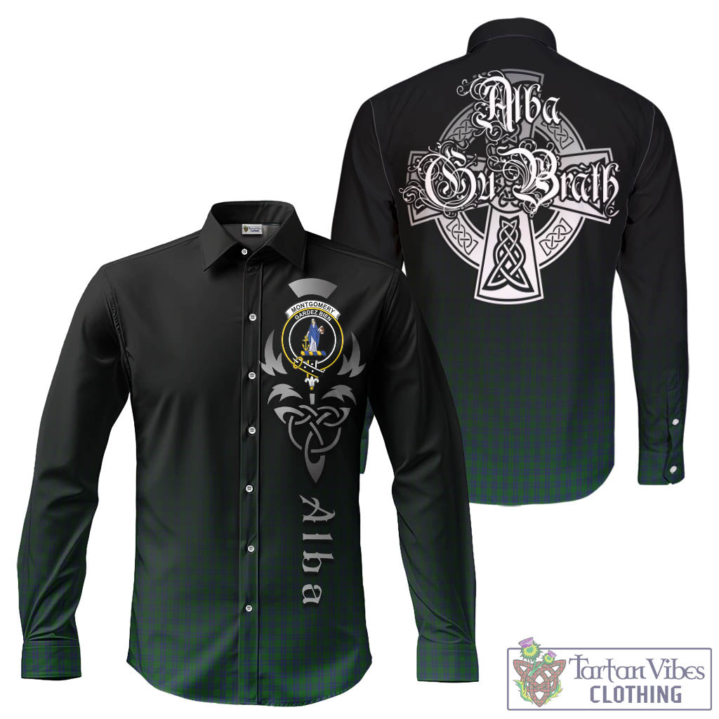 Tartan Vibes Clothing Montgomery Tartan Long Sleeve Button Up Featuring Alba Gu Brath Family Crest Celtic Inspired