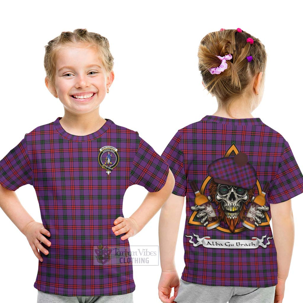 Tartan Vibes Clothing Montgomery Tartan Kid T-Shirt with Family Crest and Bearded Skull Holding Bottles of Whiskey