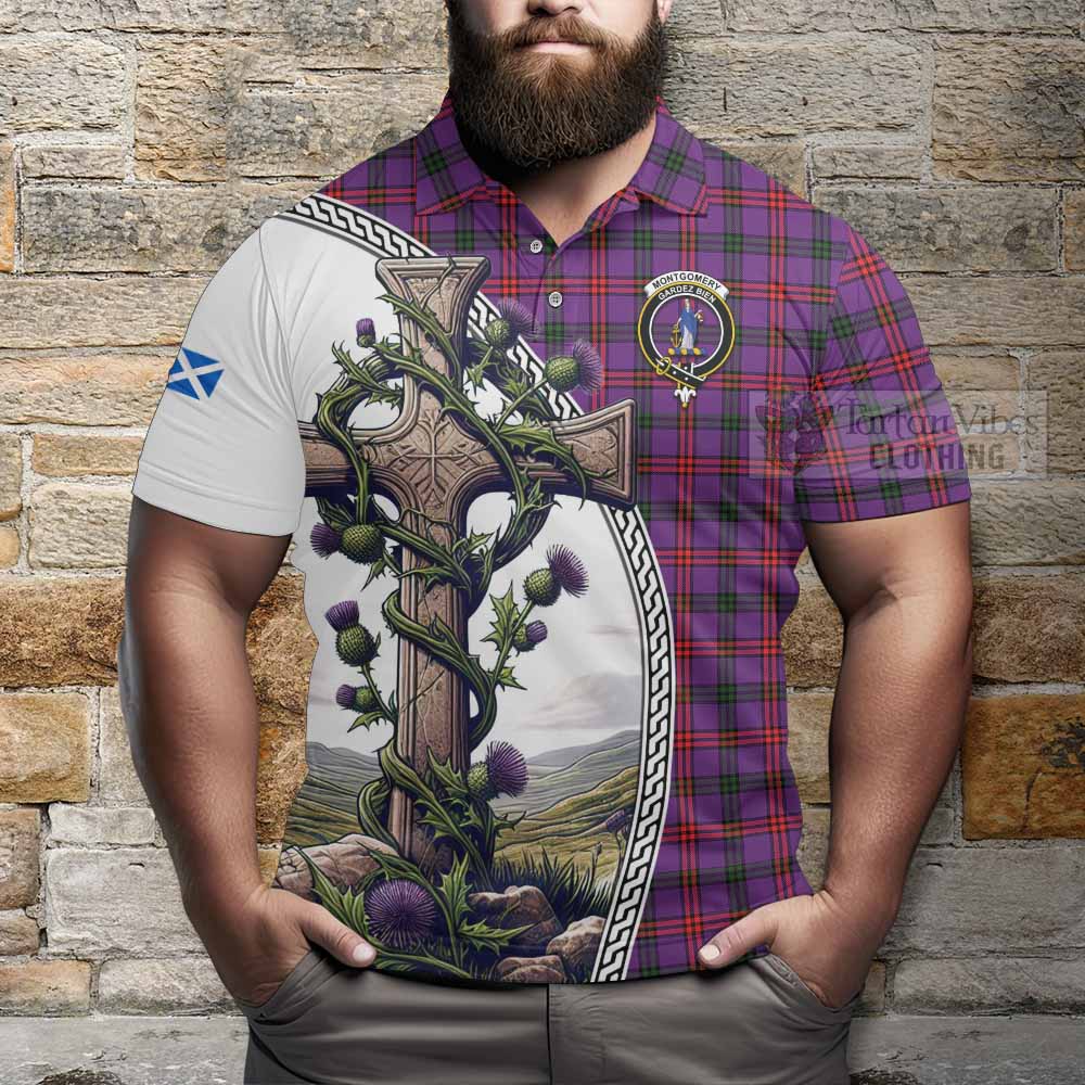 Tartan Vibes Clothing Montgomery Tartan Polo Shirt with Family Crest and St. Andrew's Cross Accented by Thistle Vines