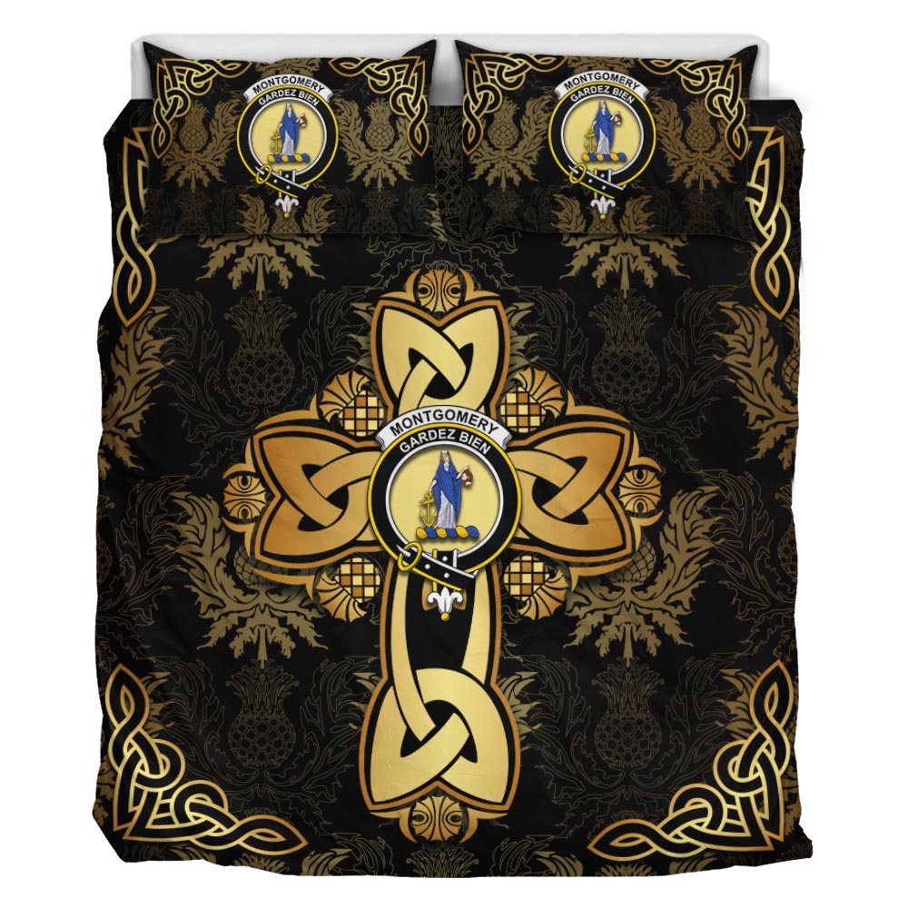 Montgomery Clan Bedding Sets Gold Thistle Celtic Style - Tartanvibesclothing