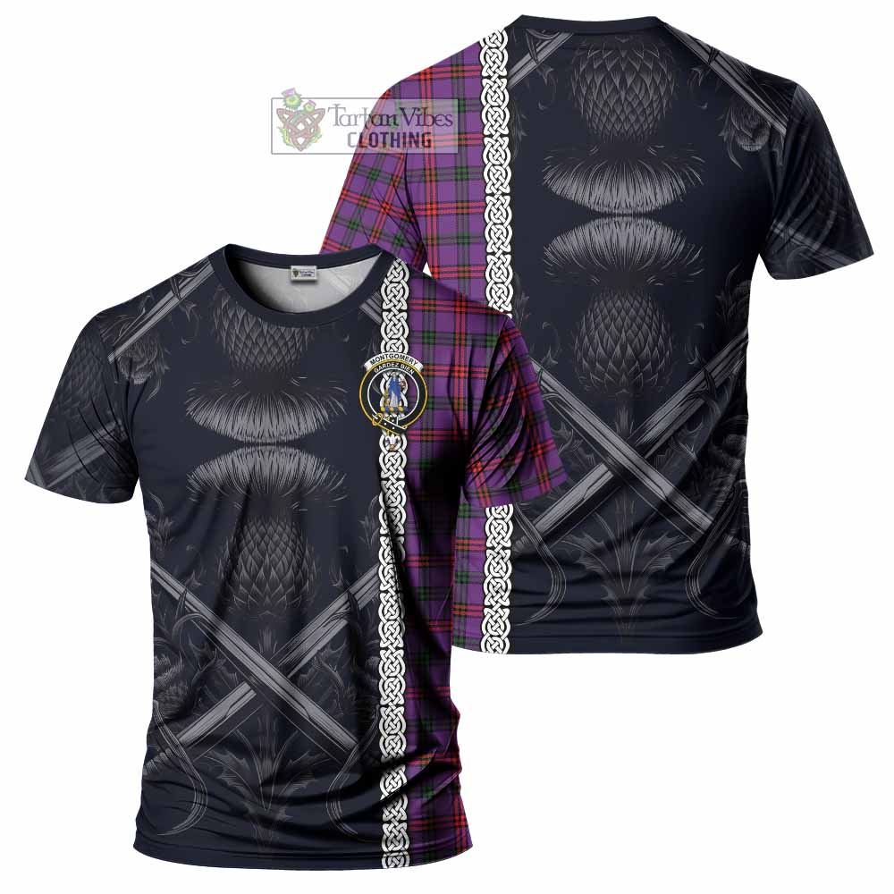 Tartan Vibes Clothing Montgomery Tartan T-Shirt with Family Crest Cross Sword Thistle Celtic Vibes