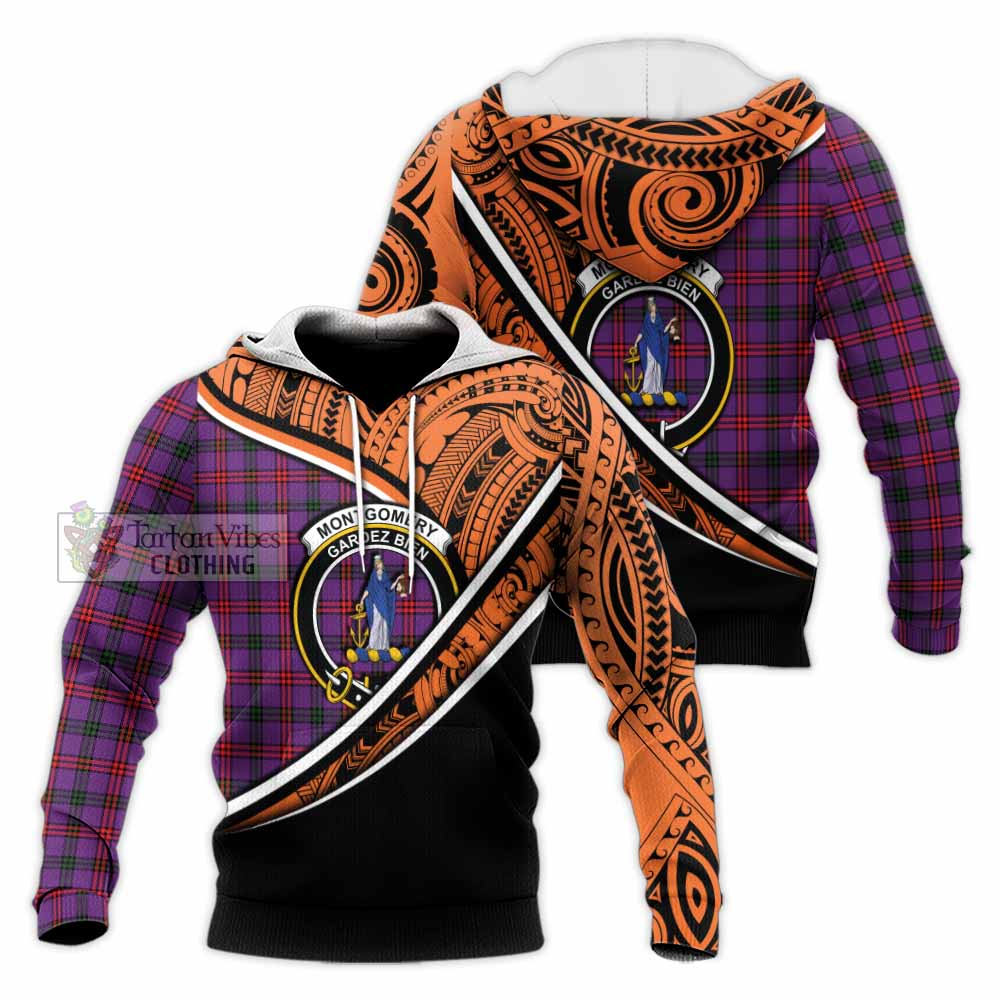 Tartan Vibes Clothing Montgomery Crest Tartan Knitted Hoodie with Maori Tattoo Style - Orange Version