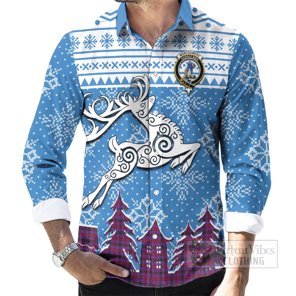 Tartan Vibes Clothing Montgomery Clan Christmas Long Sleeve Button Shirt Celtic Reindeer Style