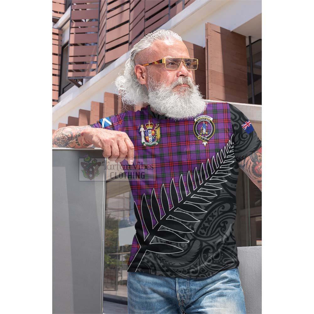 Tartan Vibes Clothing Montgomery Crest Tartan Cotton T-shirt with New Zealand Silver Fern Half Style