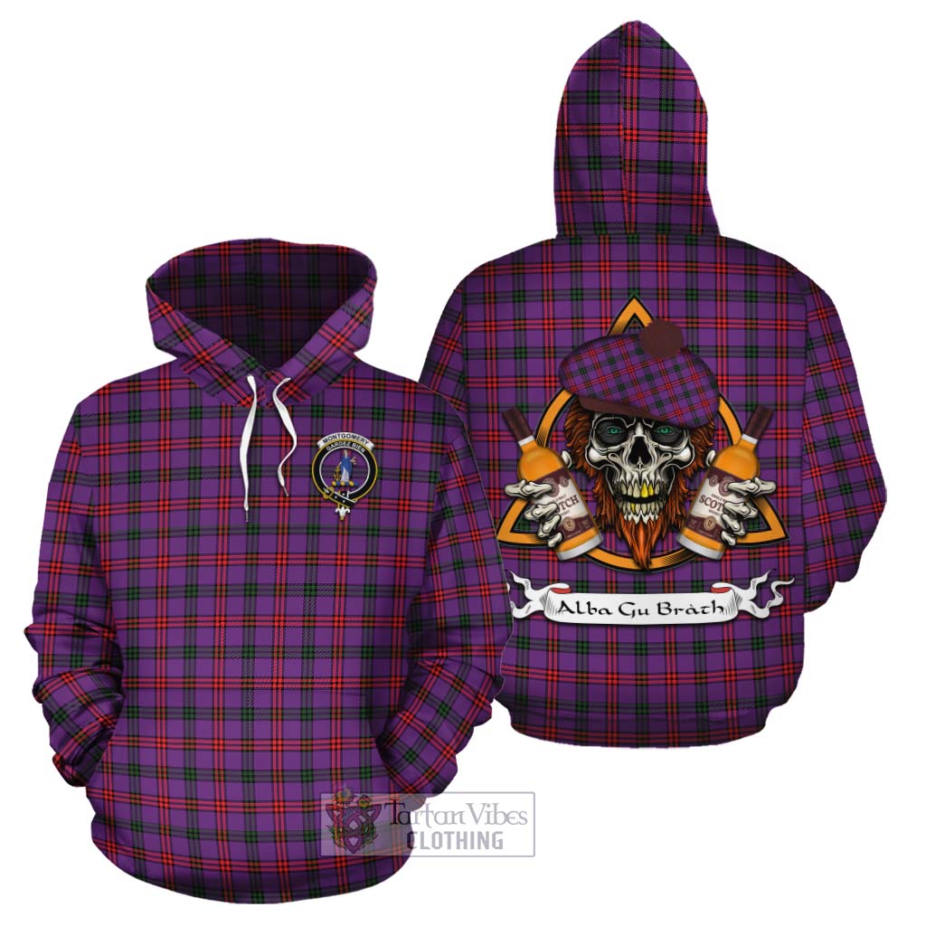 Tartan Vibes Clothing Montgomery Tartan Cotton Hoodie with Family Crest and Bearded Skull Holding Bottles of Whiskey