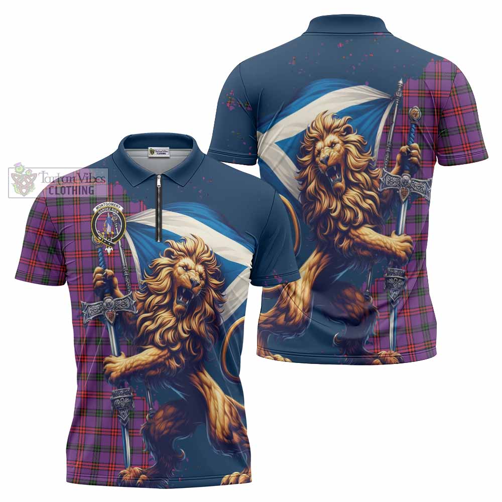 Tartan Vibes Clothing Montgomery Tartan Family Crest Zipper Polo Shirt with Scottish Majestic Lion