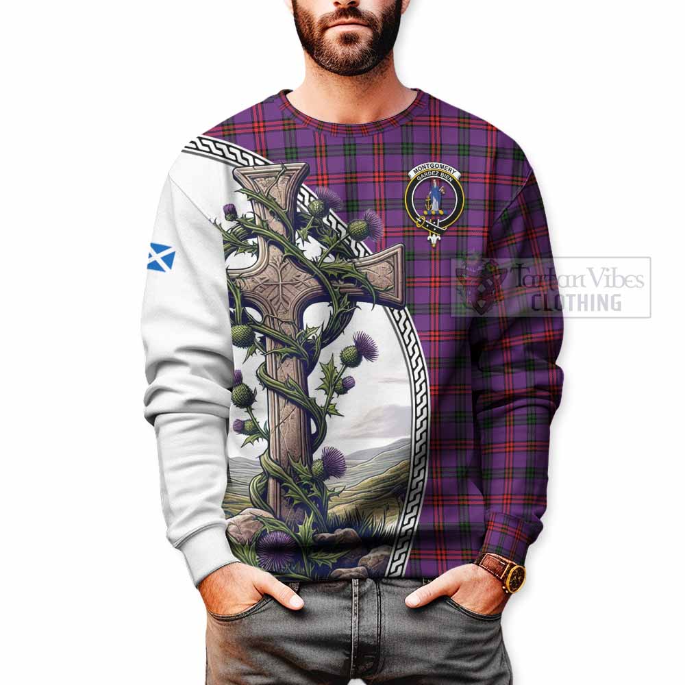 Tartan Vibes Clothing Montgomery Tartan Sweatshirt with Family Crest and St. Andrew's Cross Accented by Thistle Vines