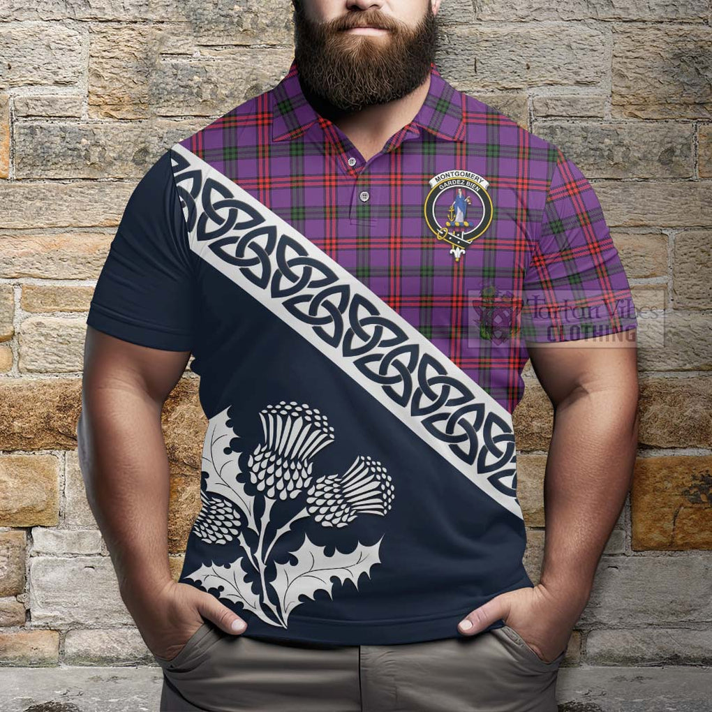 Montgomery Tartan Polo Shirt Featuring Thistle and Scotland Map