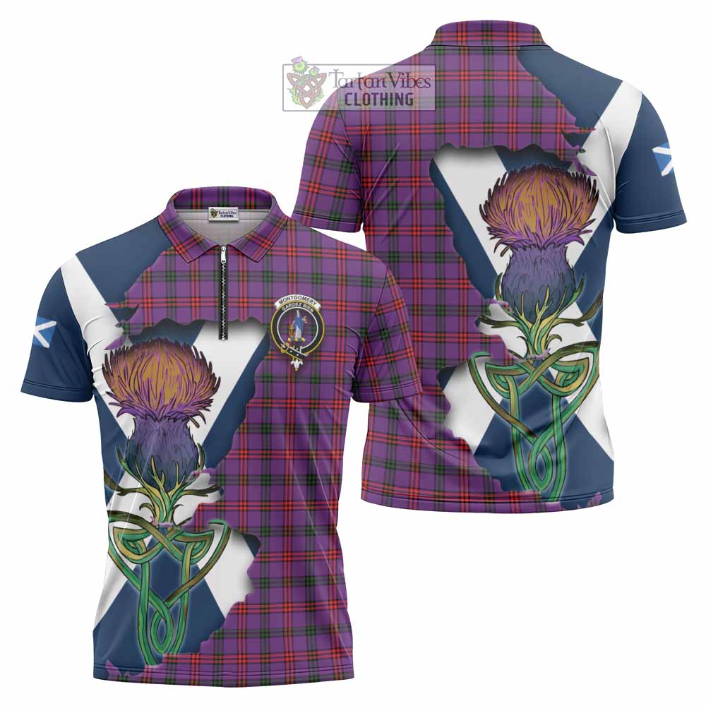 Montgomery Tartan Family Crest Zipper Polo Shirt Scottish Thistle Celtic Inspired - Tartan Vibes Clothing