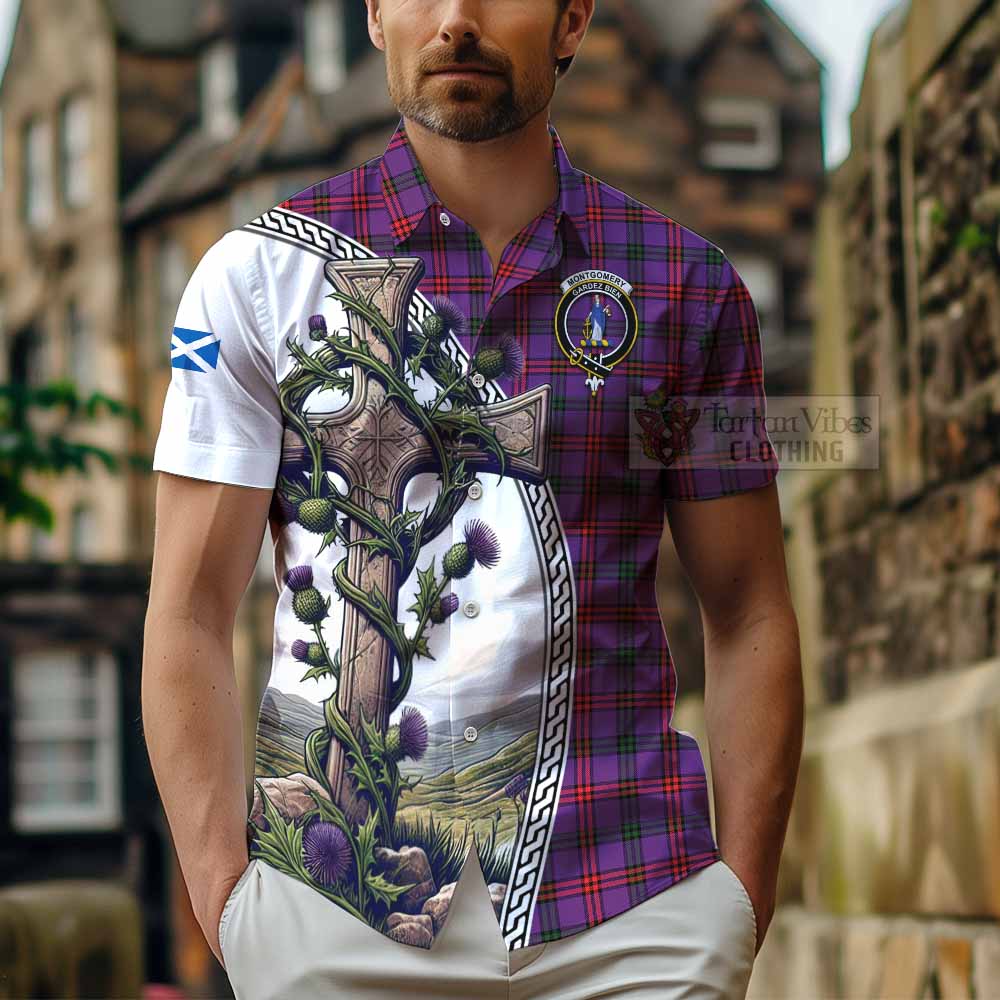 Tartan Vibes Clothing Montgomery Tartan Short Sleeve Button Shirt with Family Crest and St. Andrew's Cross Accented by Thistle Vines