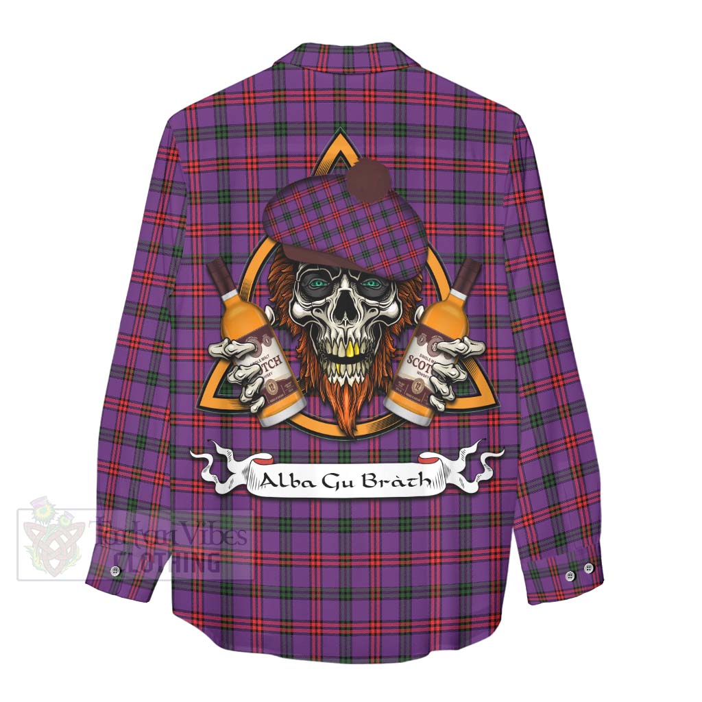 Tartan Vibes Clothing Montgomery Tartan Women's Casual Shirt with Family Crest and Bearded Skull Holding Bottles of Whiskey