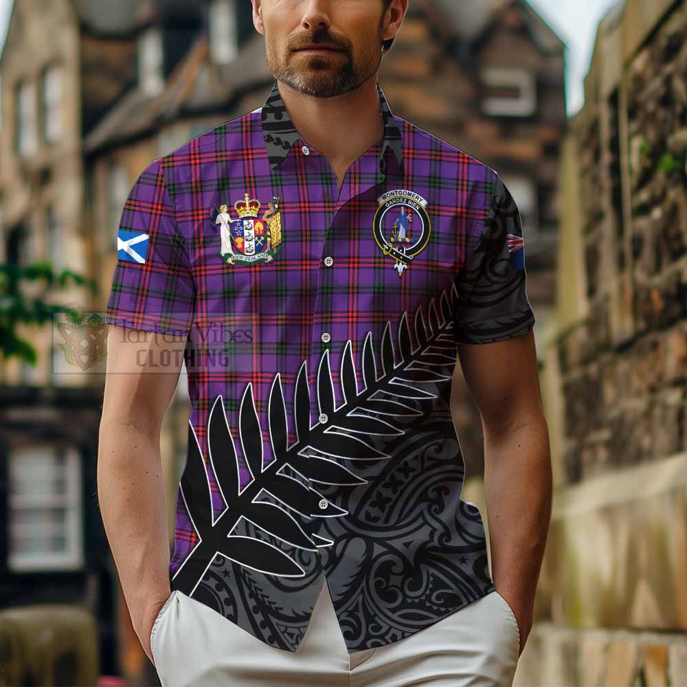 Tartan Vibes Clothing Montgomery Crest Tartan Short Sleeve Button Shirt with New Zealand Silver Fern Half Style