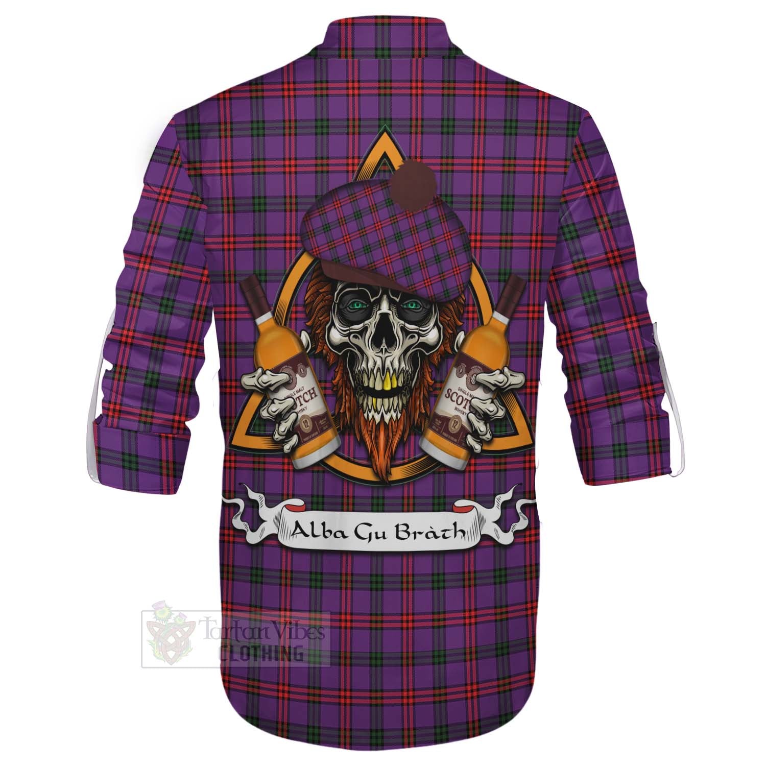 Tartan Vibes Clothing Montgomery Tartan Ghillie Kilt Shirt with Family Crest and Bearded Skull Holding Bottles of Whiskey