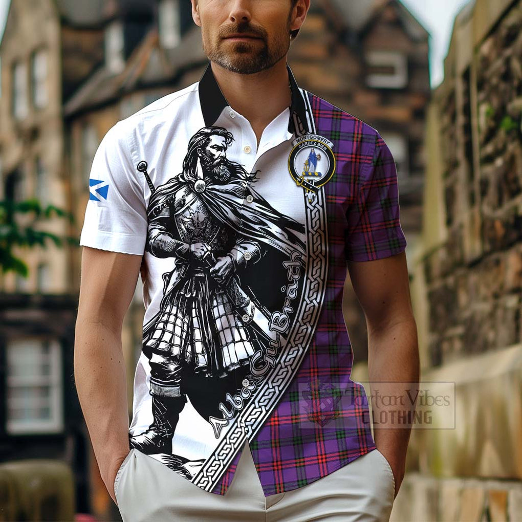 Tartan Vibes Clothing Montgomery Tartan Clan Crest Short Sleeve Button Shirt with Highlander Warrior Celtic Style