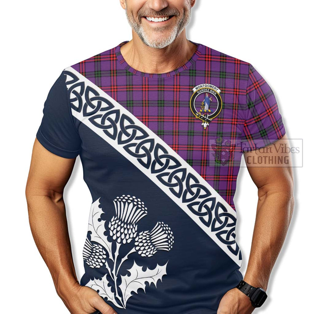 Montgomery Tartan T-Shirt Featuring Thistle and Scotland Map