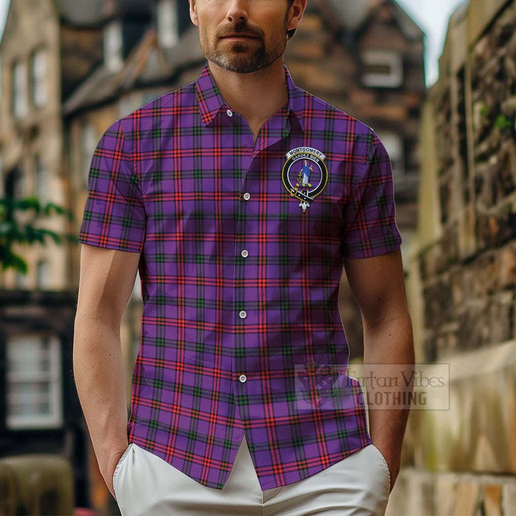 Tartan Vibes Clothing Montgomery Tartan Short Sleeve Button Shirt with Family Crest Celtic Skull Style