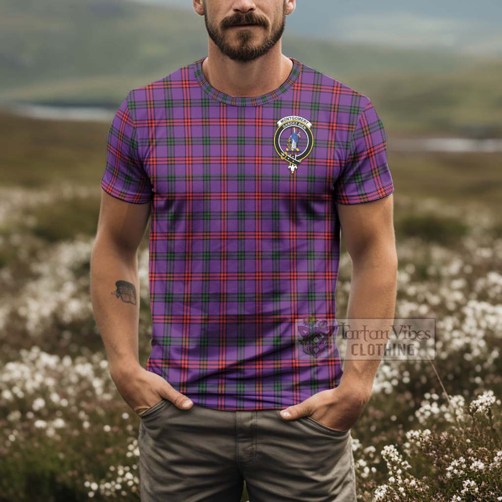 Tartan Vibes Clothing Montgomery Tartan T-Shirt with Family Crest and Bearded Skull Holding Bottles of Whiskey