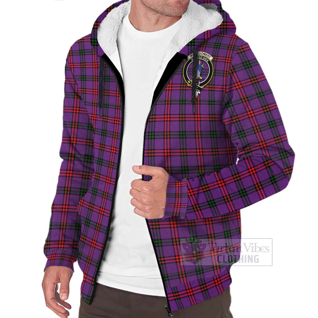 Tartan Vibes Clothing Montgomery Tartan Sherpa Hoodie with Family Crest and Bearded Skull Holding Bottles of Whiskey