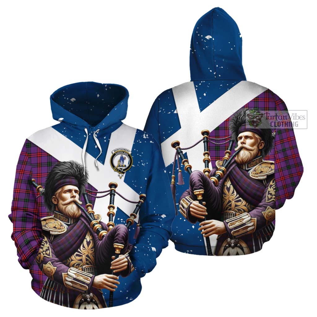 Tartan Vibes Clothing Montgomery Tartan Cotton Hoodie with Family Crest Scottish Bagpiper Vibes