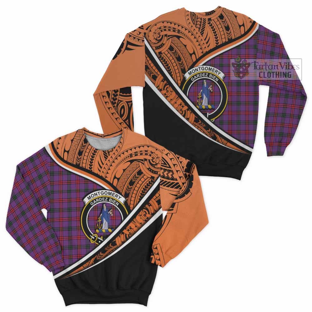 Tartan Vibes Clothing Montgomery Crest Tartan Sweatshirt with Maori Tattoo Style - Orange Version