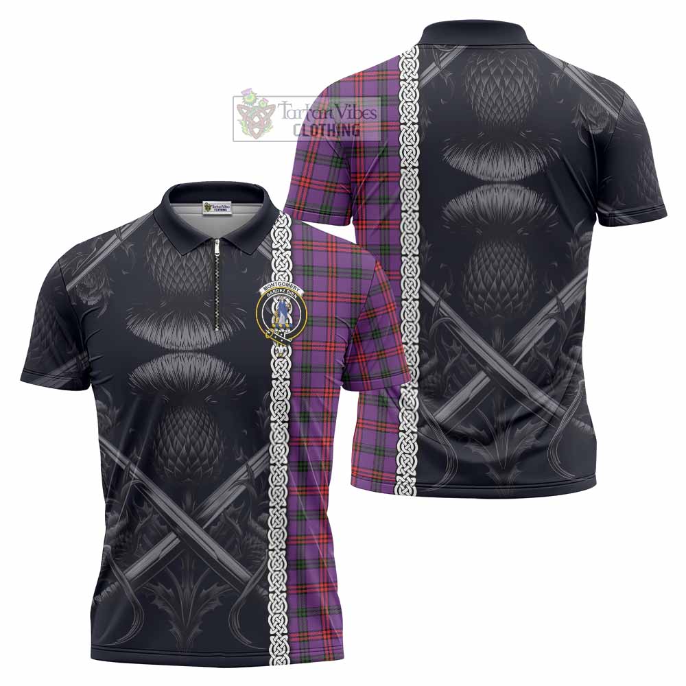 Tartan Vibes Clothing Montgomery Tartan Zipper Polo Shirt with Family Crest Cross Sword Thistle Celtic Vibes