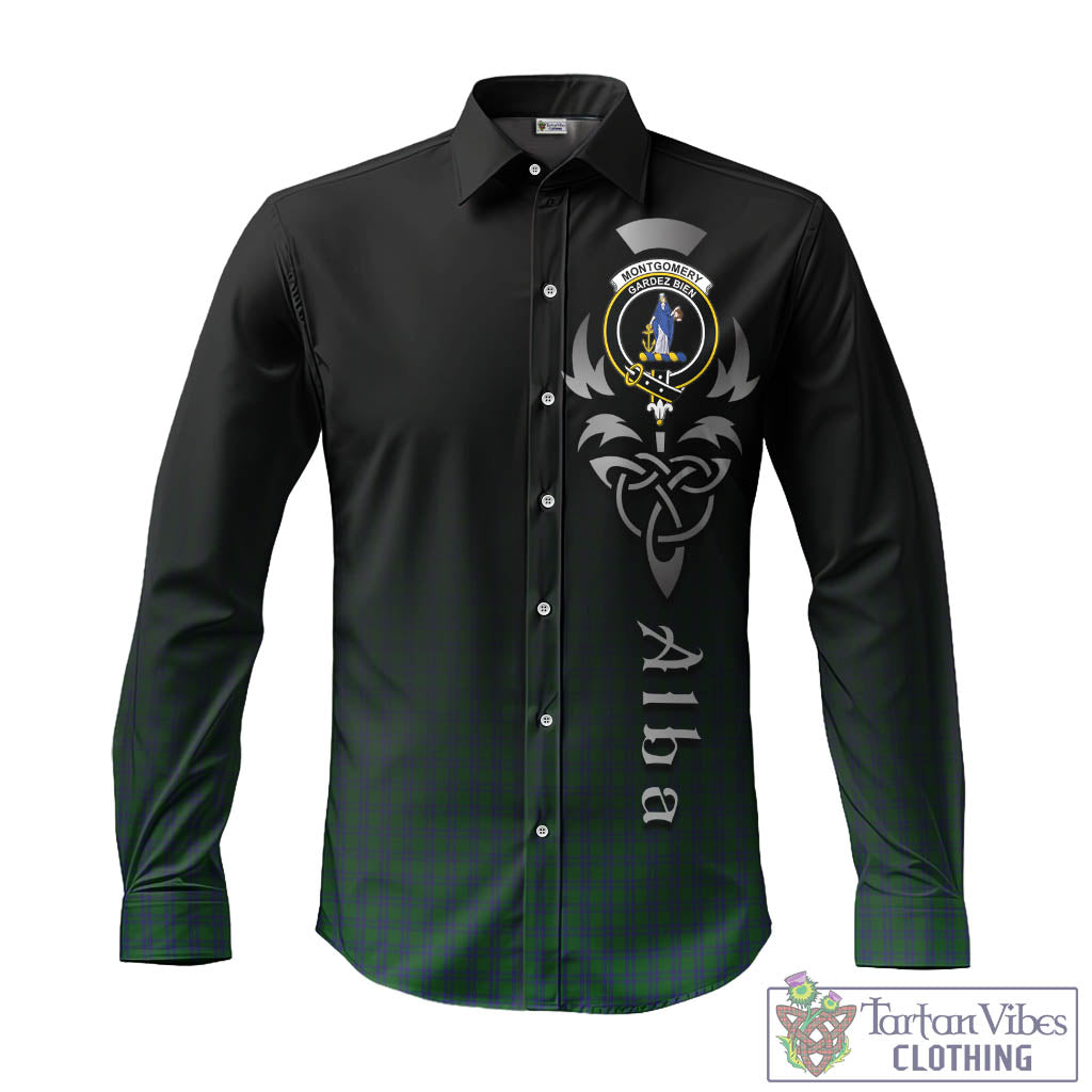 Tartan Vibes Clothing Montgomery Tartan Long Sleeve Button Up Featuring Alba Gu Brath Family Crest Celtic Inspired