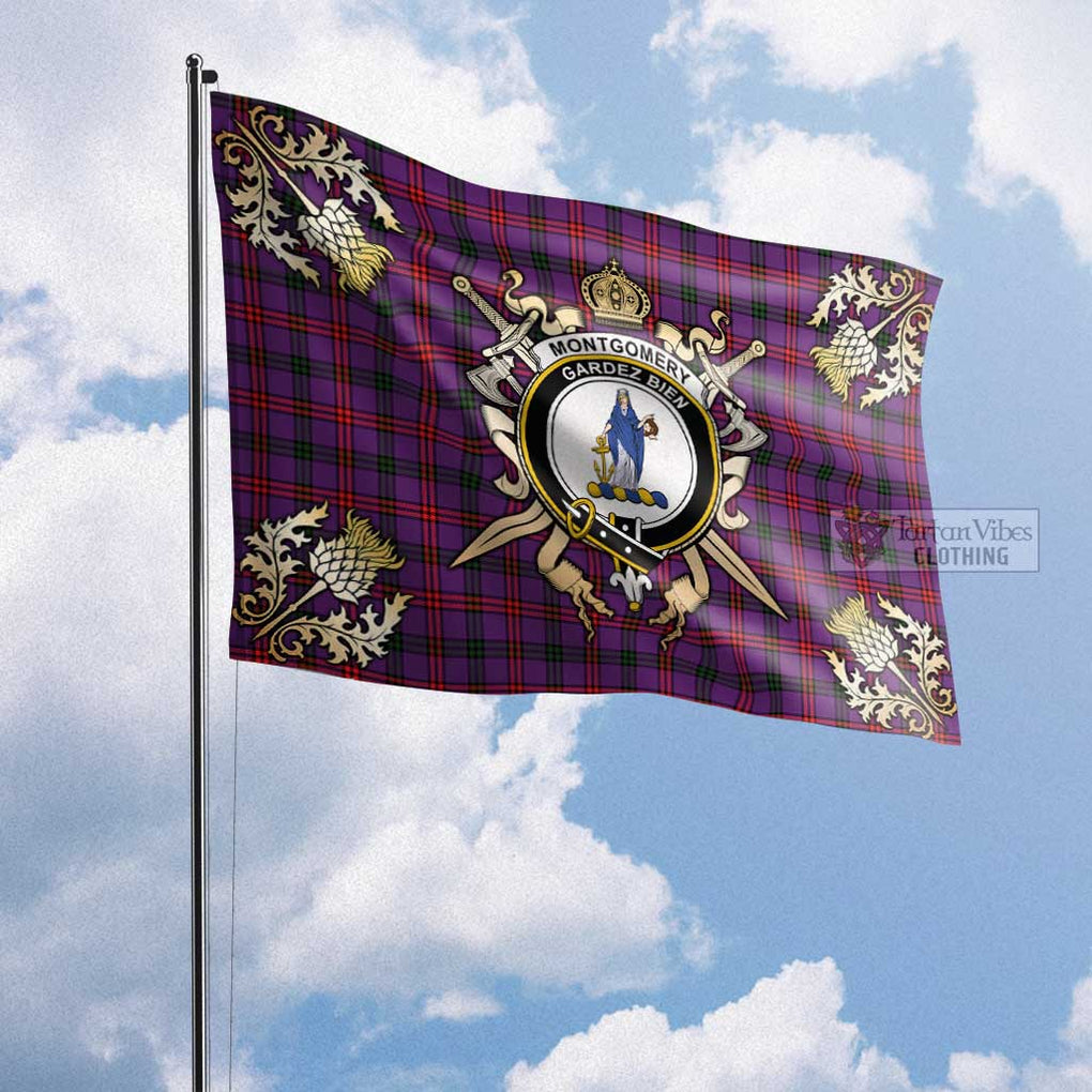 Tartan Vibes Clothing Montgomery Tartan Flag with Family Crest and Golden Thistle Crossed Sword Design