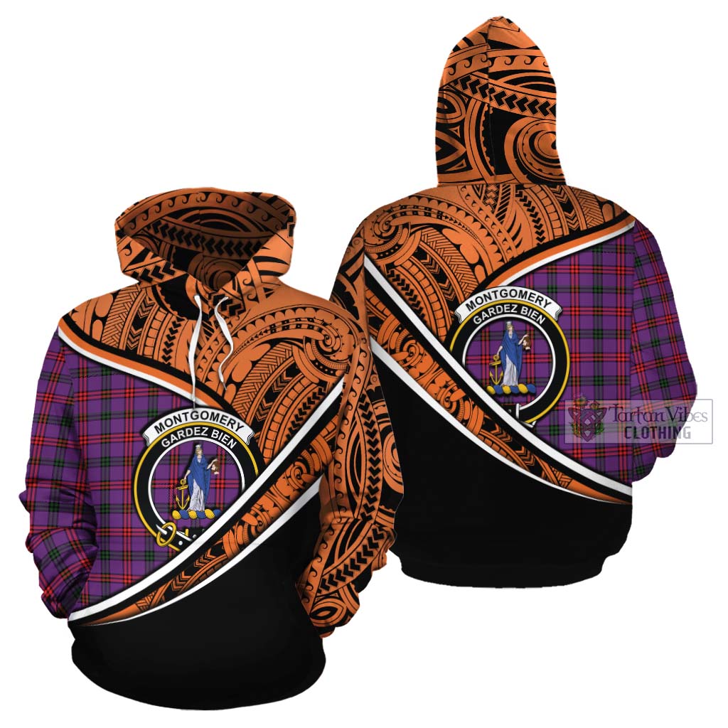 Tartan Vibes Clothing Montgomery Crest Tartan Cotton Hoodie with Maori Tattoo Style - Orange Version