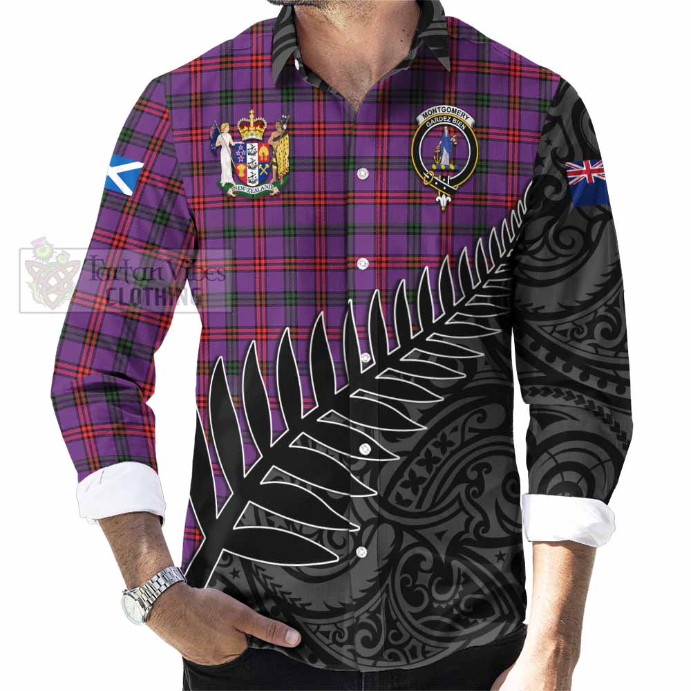 Tartan Vibes Clothing Montgomery Crest Tartan Long Sleeve Button Shirt with New Zealand Silver Fern Half Style