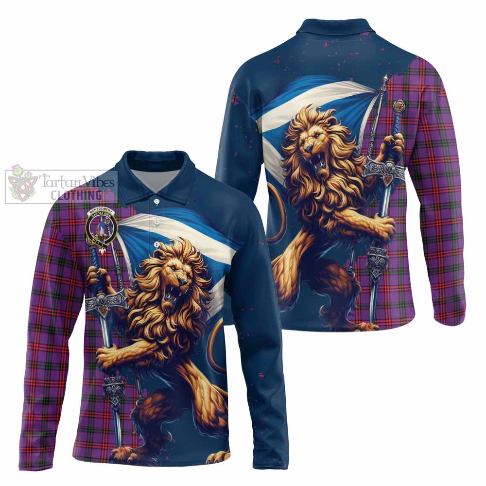 Tartan Vibes Clothing Montgomery Tartan Family Crest Long Sleeve Polo Shirt with Scottish Majestic Lion