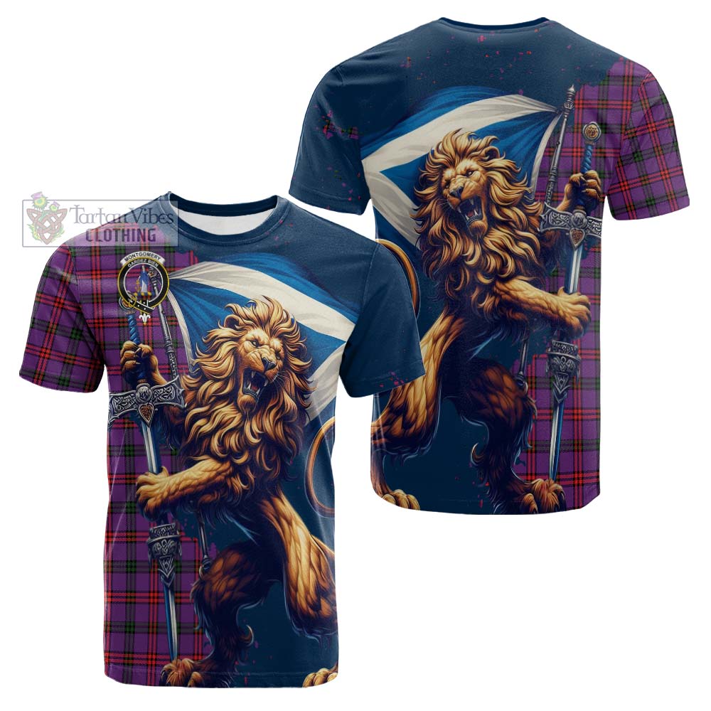 Tartan Vibes Clothing Montgomery Tartan Family Crest Cotton T-shirt with Scottish Majestic Lion