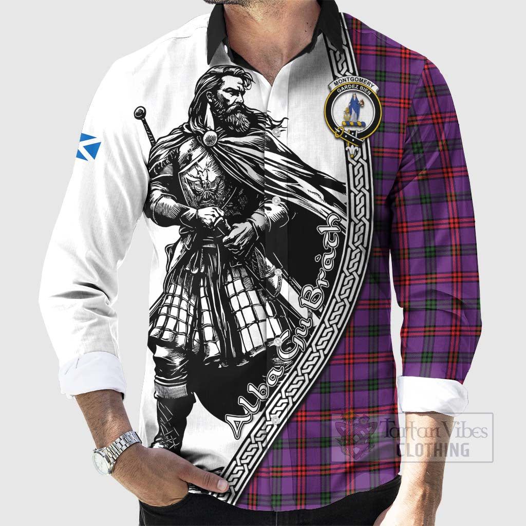 Tartan Vibes Clothing Montgomery Tartan Clan Crest Long Sleeve Button Shirt with Highlander Warrior Celtic Style