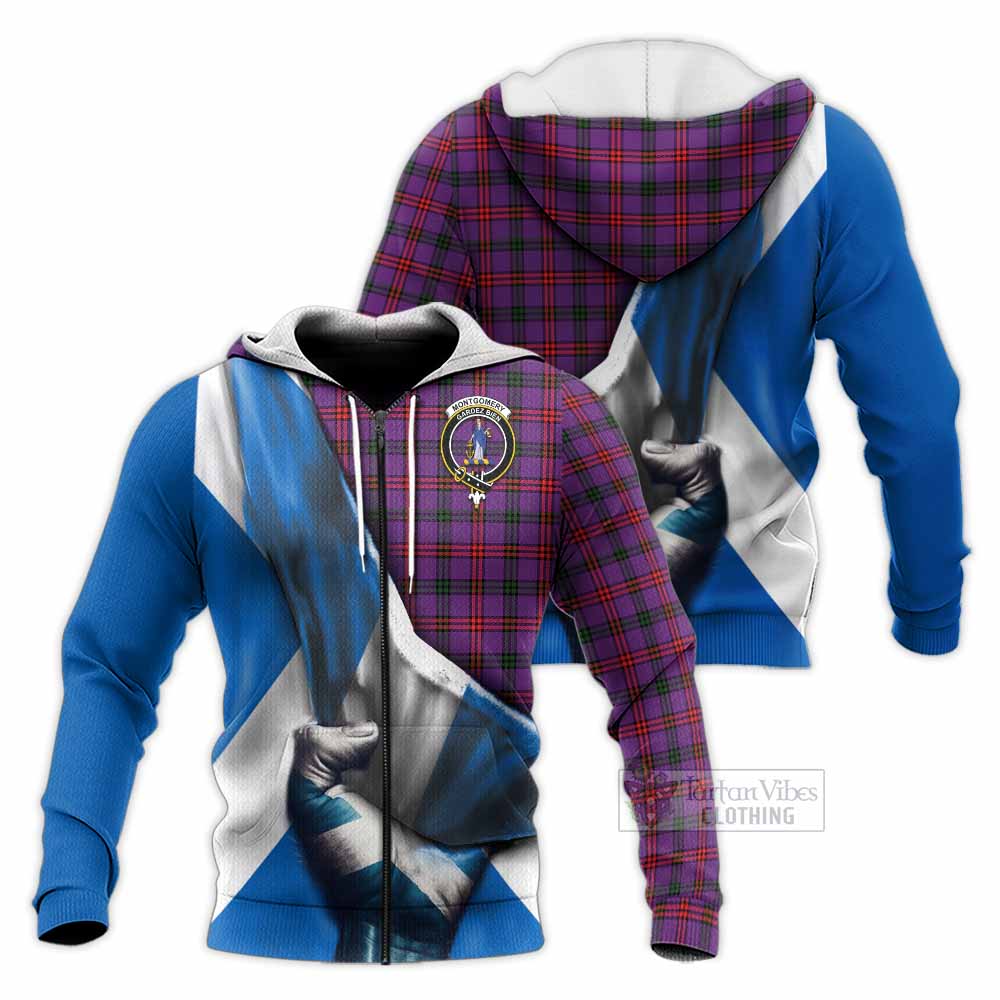 Tartan Vibes Clothing Montgomery Tartan Knitted Hoodie with Family Crest Scotland Patriotic Style