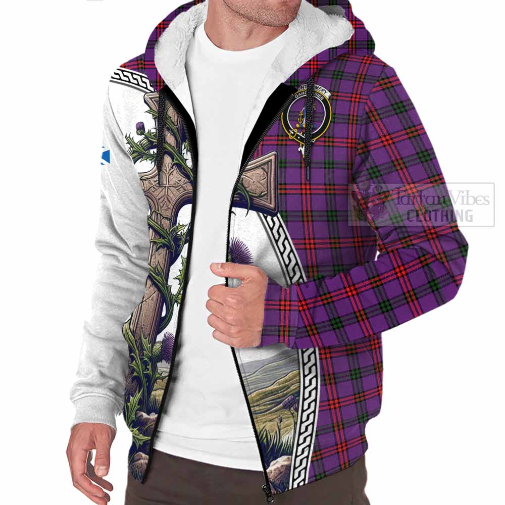 Tartan Vibes Clothing Montgomery Tartan Sherpa Hoodie with Family Crest and St. Andrew's Cross Accented by Thistle Vines