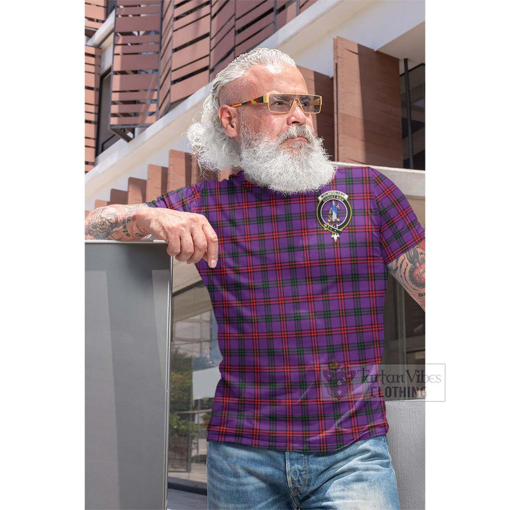 Tartan Vibes Clothing Montgomery Tartan Cotton T-shirt with Family Crest and Bearded Skull Holding Bottles of Whiskey