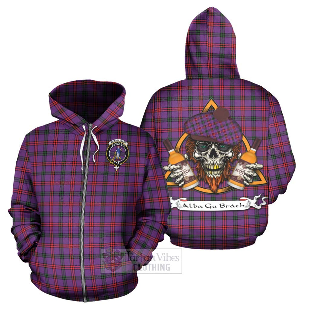 Tartan Vibes Clothing Montgomery Tartan Hoodie with Family Crest and Bearded Skull Holding Bottles of Whiskey