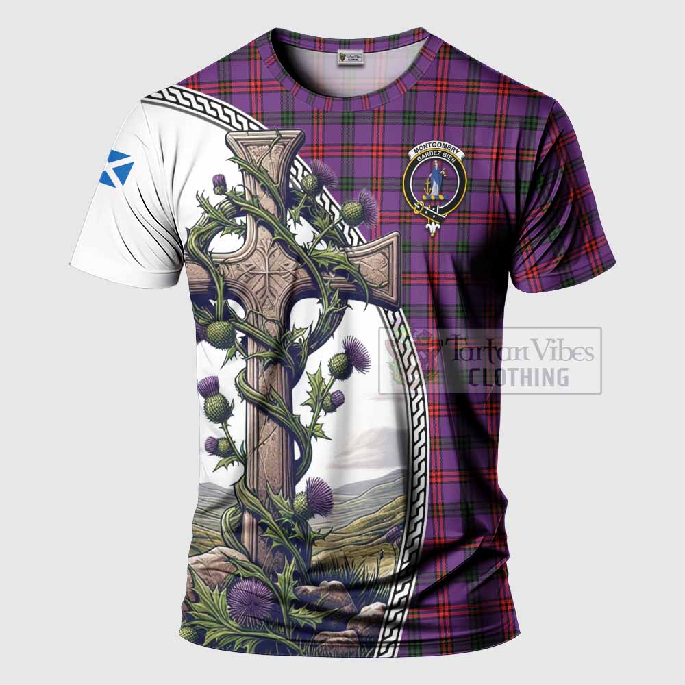 Tartan Vibes Clothing Montgomery Agnew Tartan T-Shirt with Family Crest and St. Andrew's Cross Accented by Thistle Vines