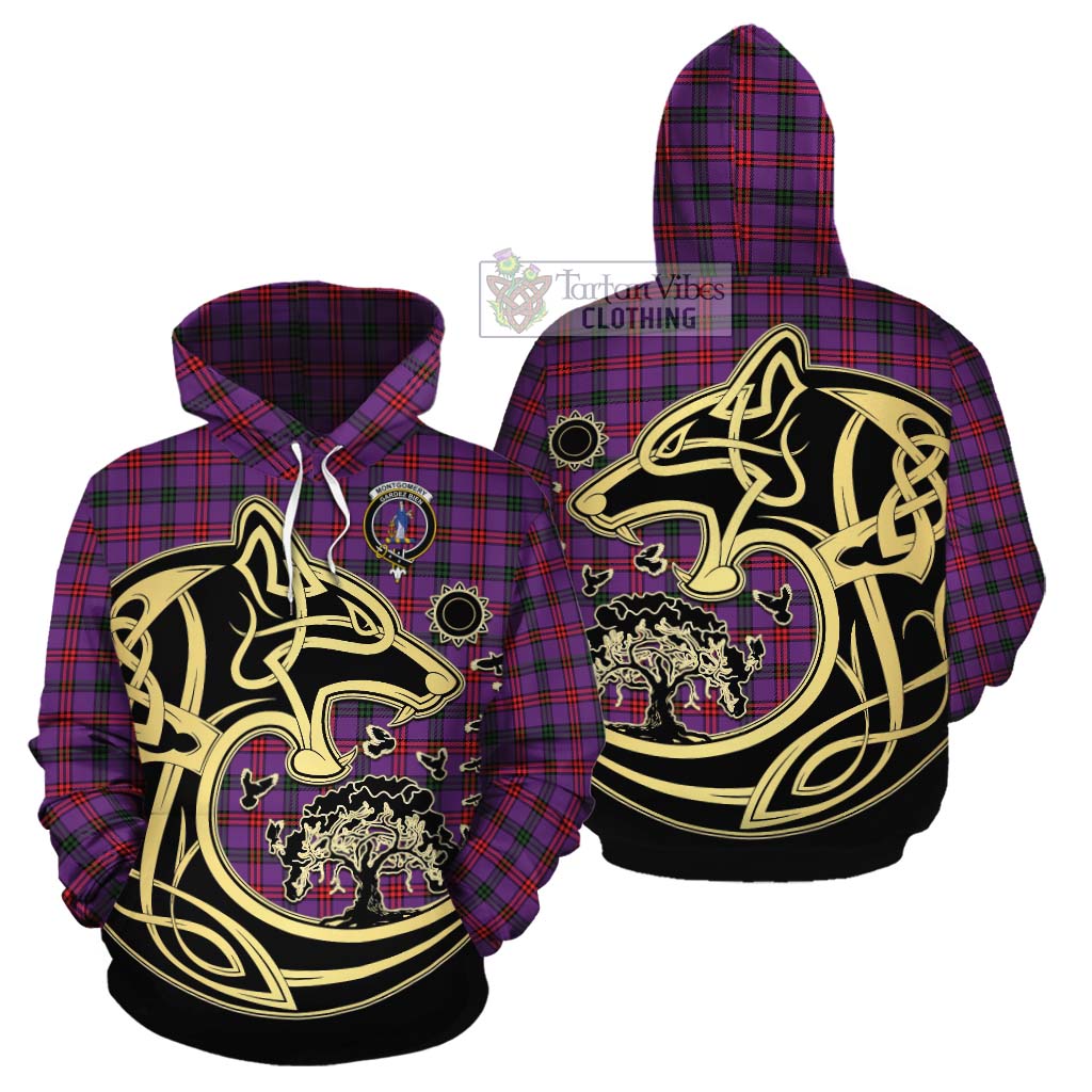 Tartan Vibes Clothing Montgomery Tartan Cotton Hoodie with Family Crest Celtic Wolf Style