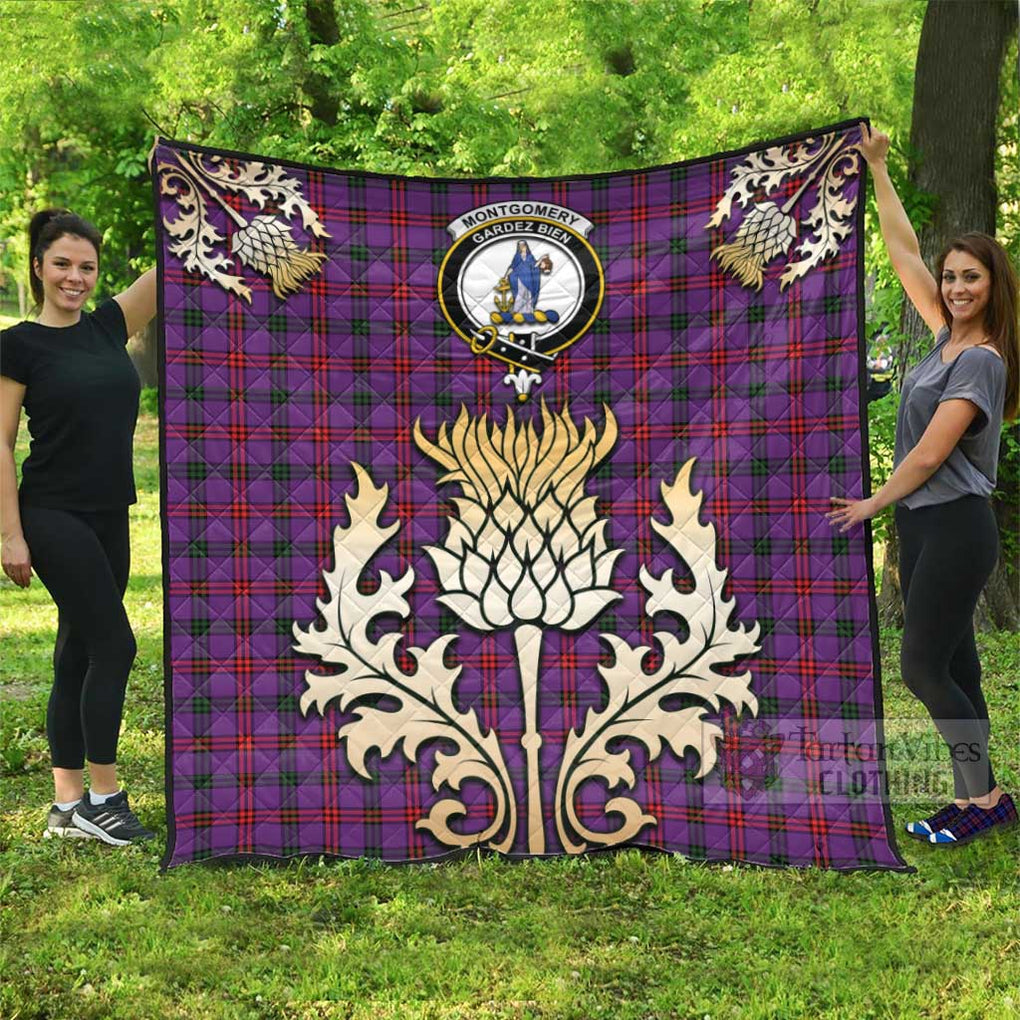 Tartan Vibes Clothing Montgomery Tartan Quilt with Family Crest and Golden Thistle Style